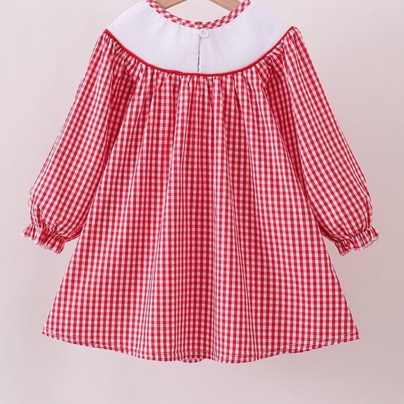 Red Gingham Smocked Dress with Reindeer Embroidery - Picture 3 of 6
